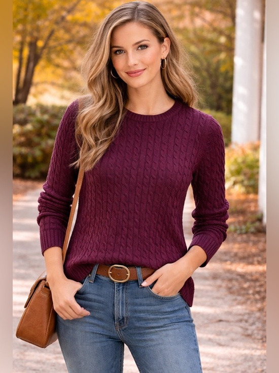Ralph Lauren Sweaters - Ralph Lauren Cotton Cable Knit Crewneck Sweater with Suede/Leather Patch - Plum